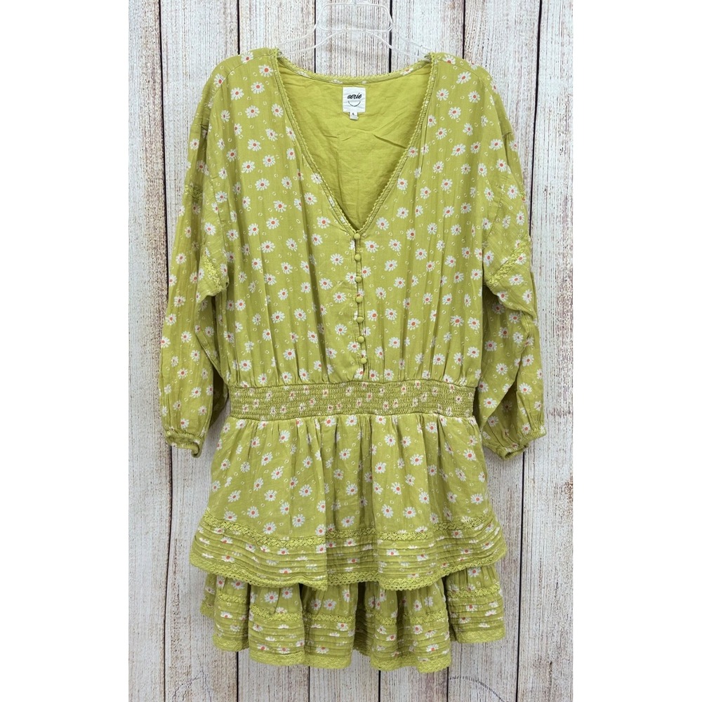 Aerie Rock 'n' Ruffle Dress XL Green Daisy Floral Smocked Waist Tiered Boho Mini